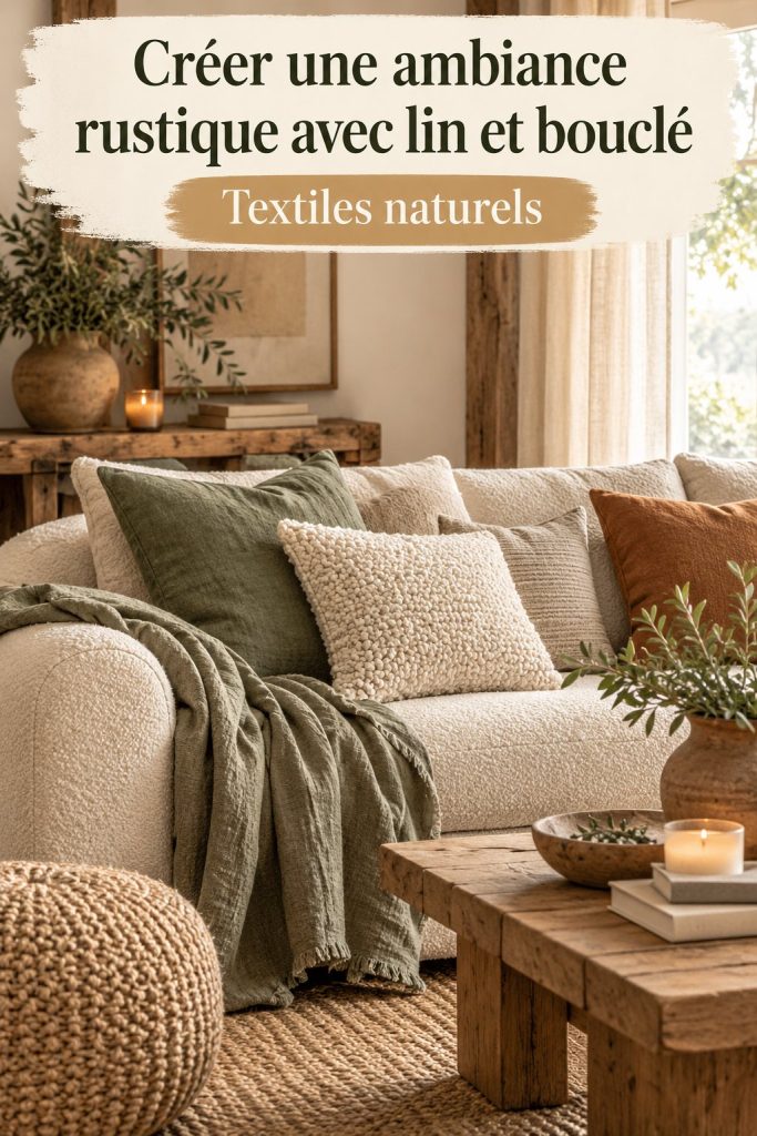 Intérieur avec des textiles en lin et bouclé créant une ambiance rustique et chaleureuse.