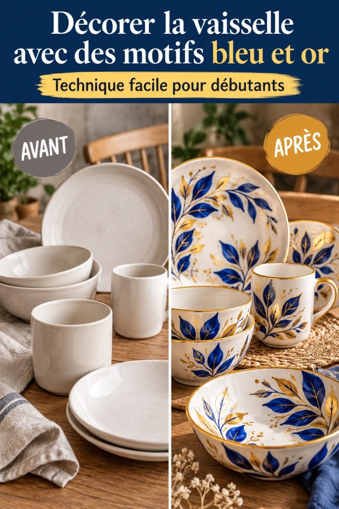 Service de vaisselle décoré avec des motifs bleu clair et or, sur une table en bois