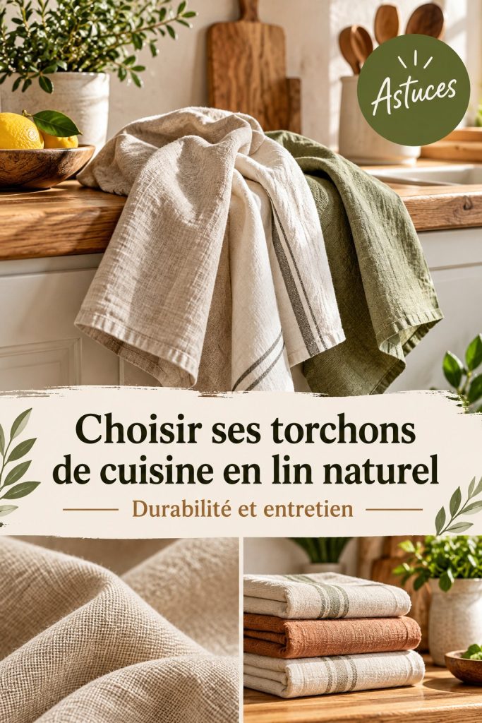 Torchons de cuisine en lin naturel suspendus dans une cuisine lumineuse